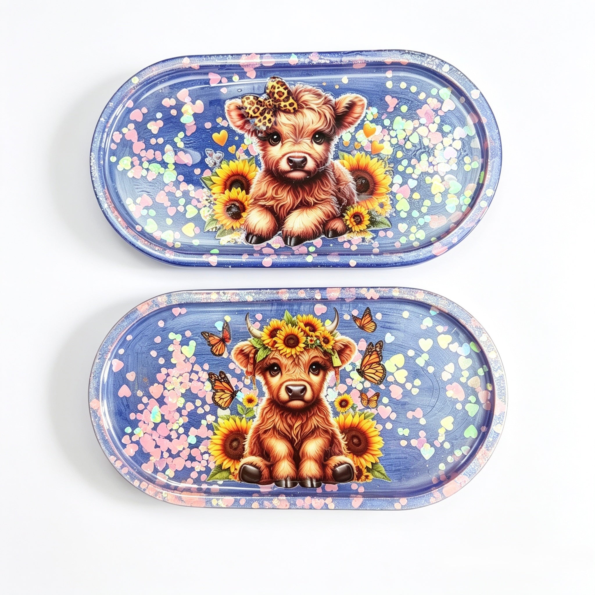 Blue & Pink Heart Highland Cow Tray Set – Handmade Luxury