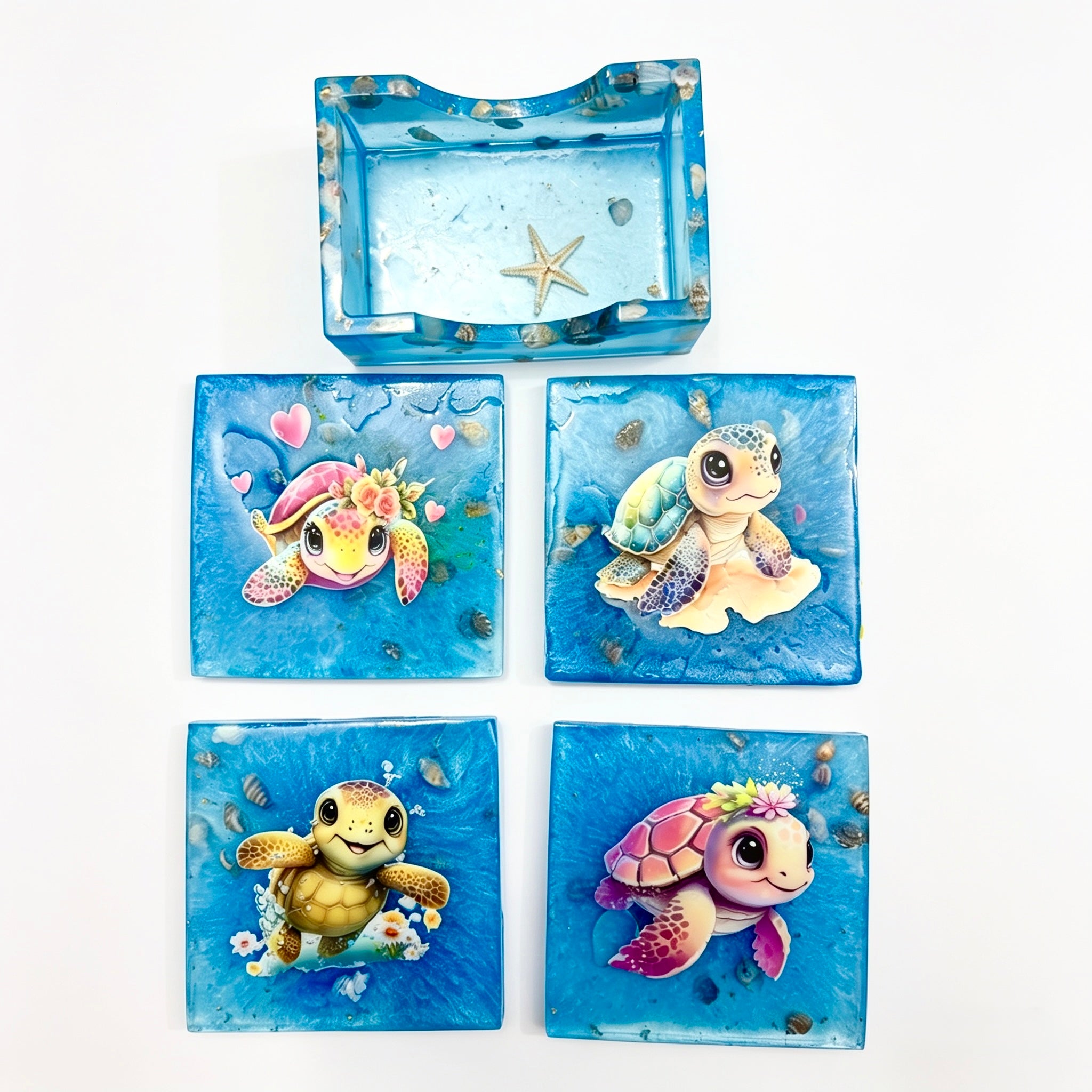 Turtle Sea Life Square Coaster & Holder Set – Handmade Resin with Real Seashells