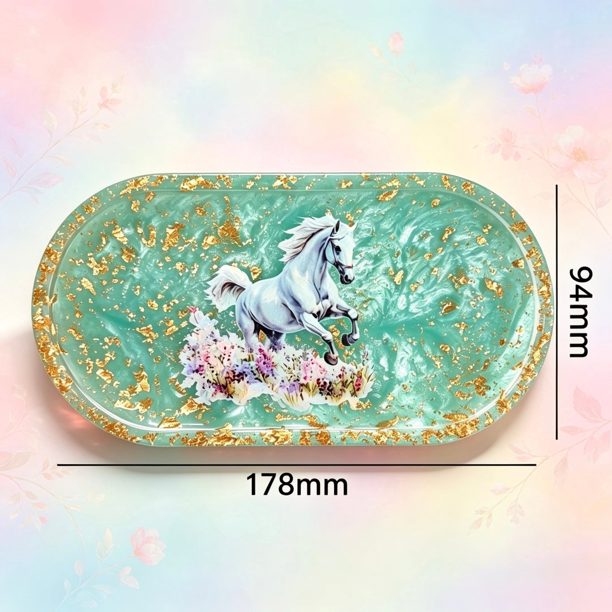 Teal & Gold White Horse Tray – Handmade Luxury