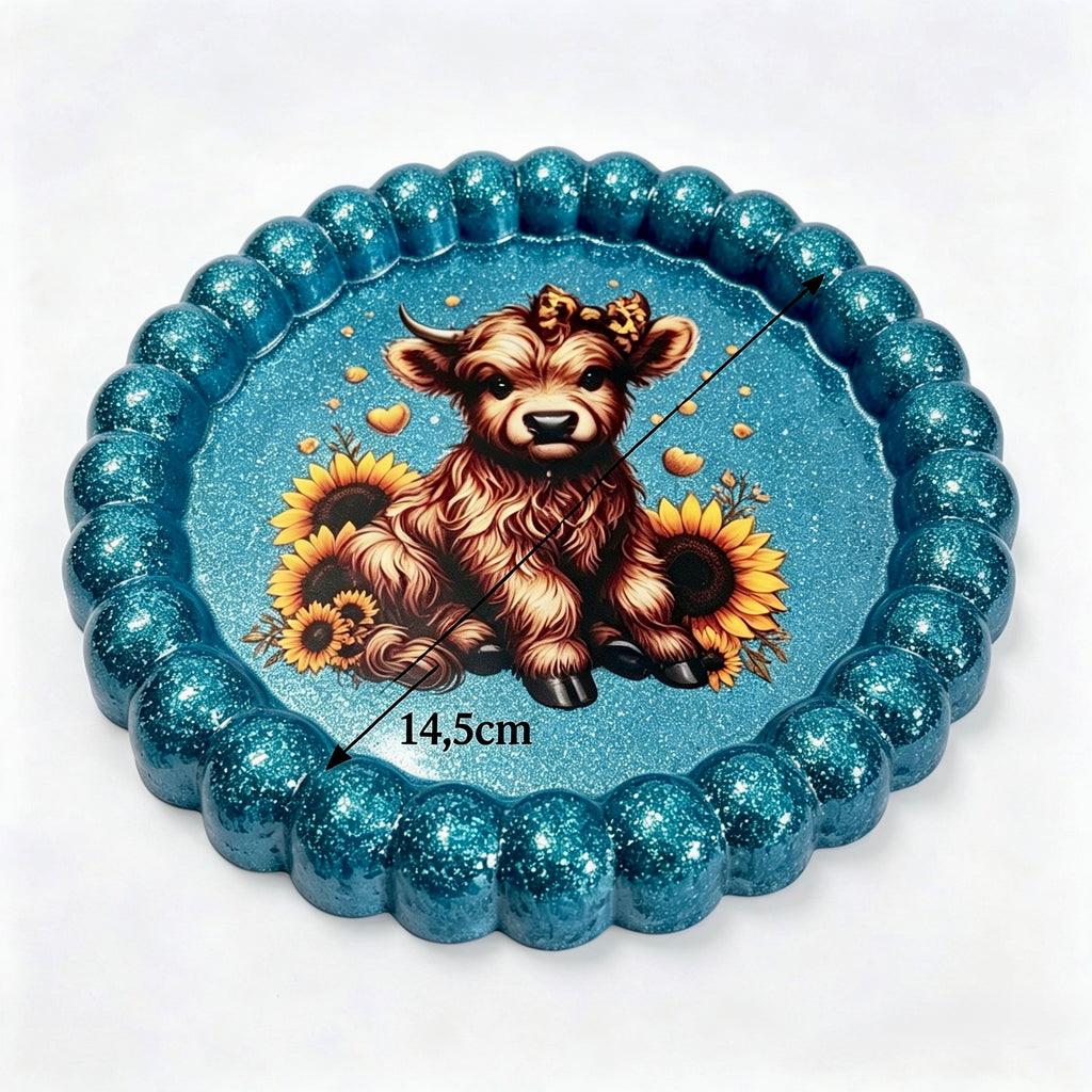 Blue Glitter round Bubble Edge Highland Cow Tray – Handmade Luxury