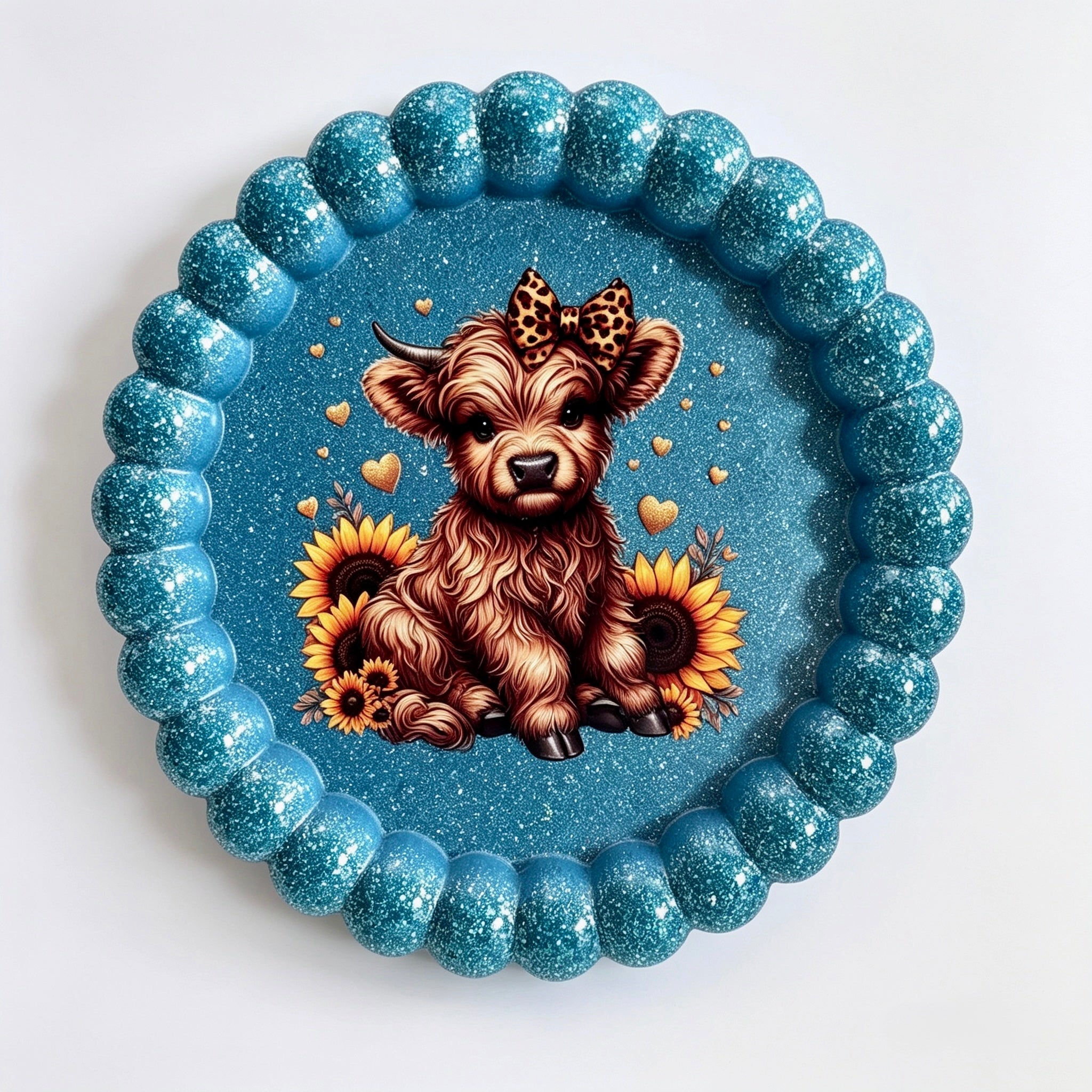 Blue Glitter round Bubble Edge Highland Cow Tray – Handmade Luxury