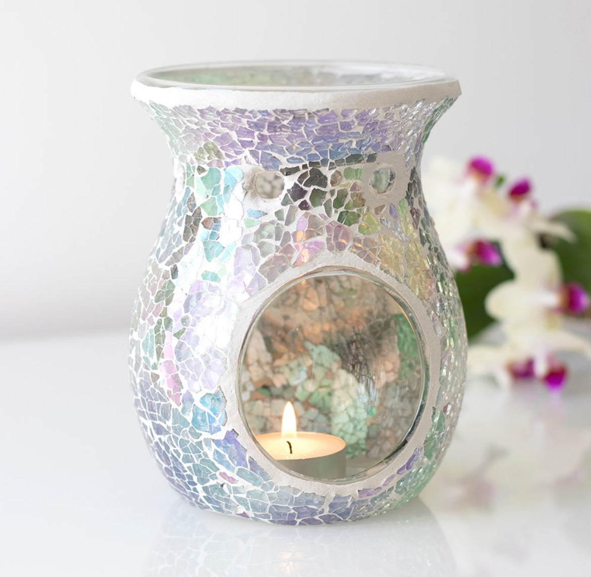 Large light blue iridescent crackle burner