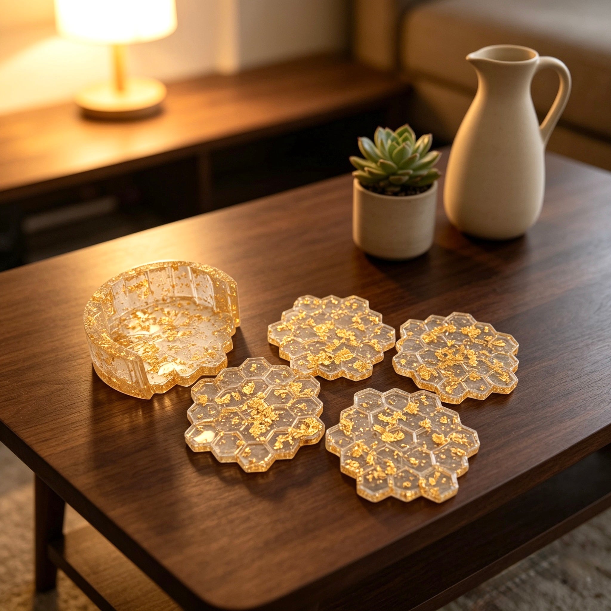 Honeycomb Resin Coaster Set with Holder