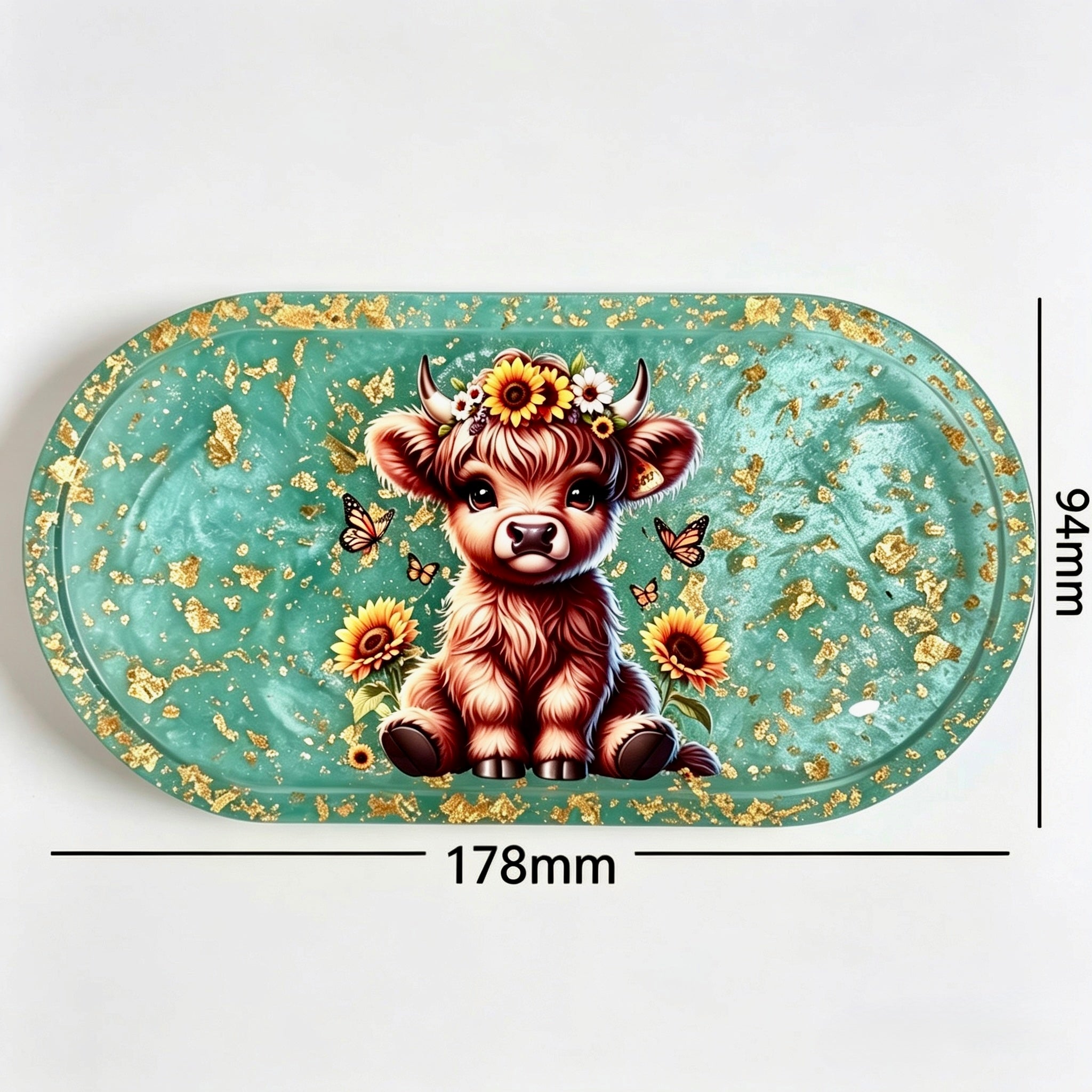 Teal & Gold Highland Cow Tray – Handmade Luxury