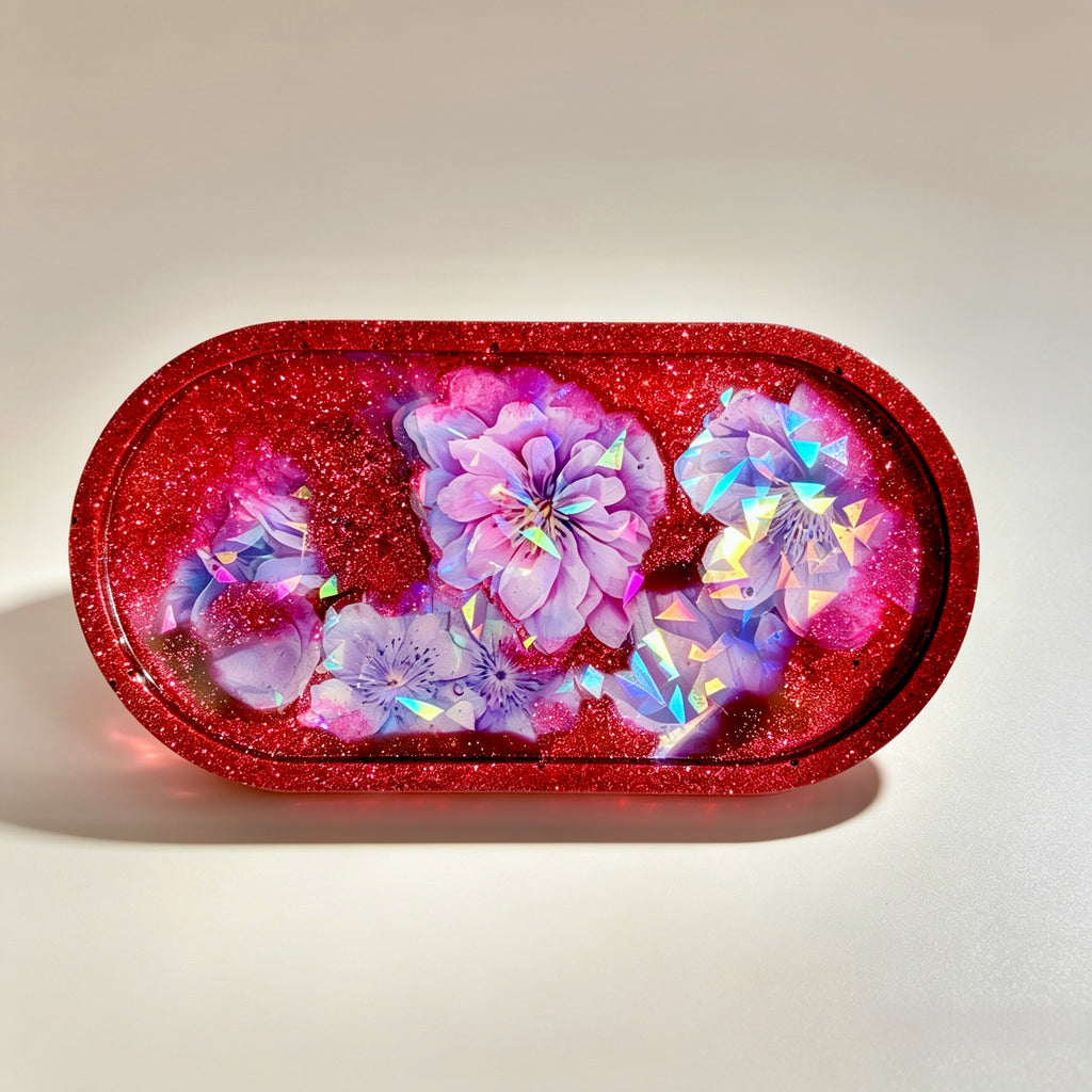 Red Glitter Holographic Floral Tray – Handmade Luxury