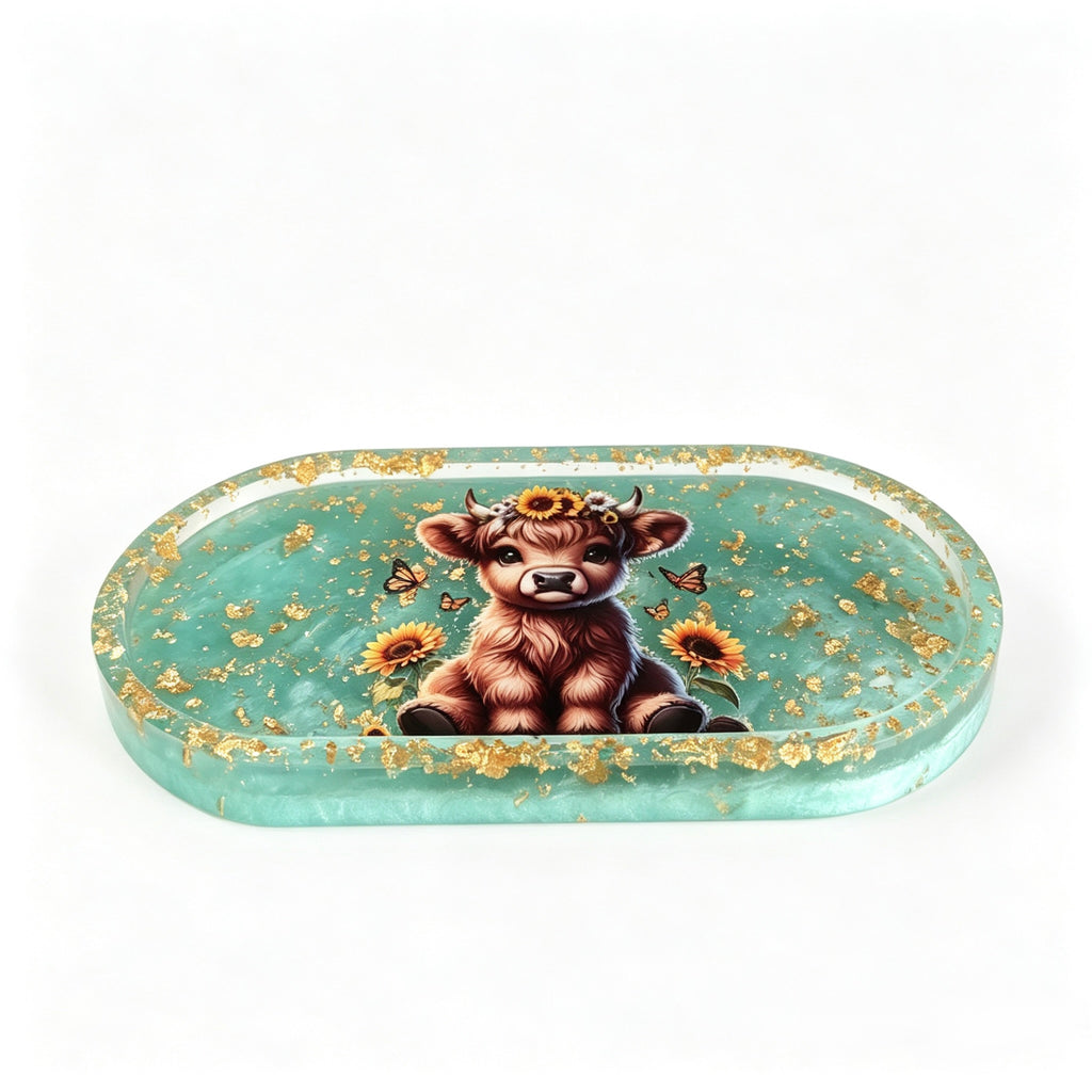 Teal & Gold Highland Cow Tray – Handmade Luxury