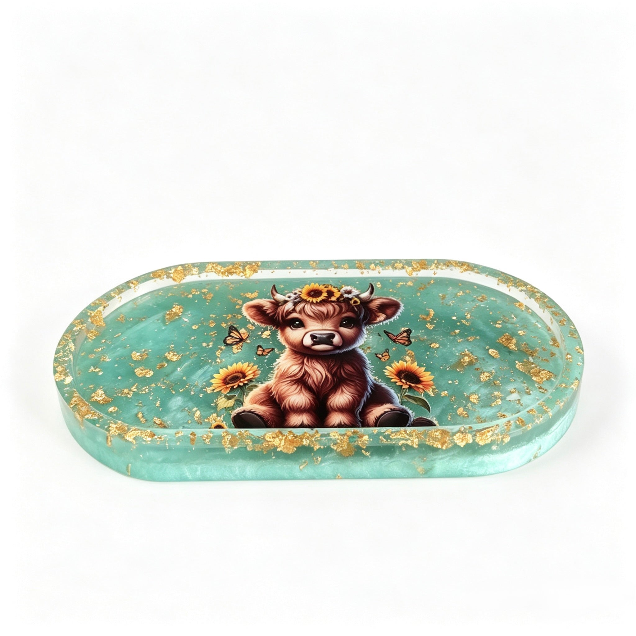 Teal & Gold Highland Cow Tray – Handmade Luxury