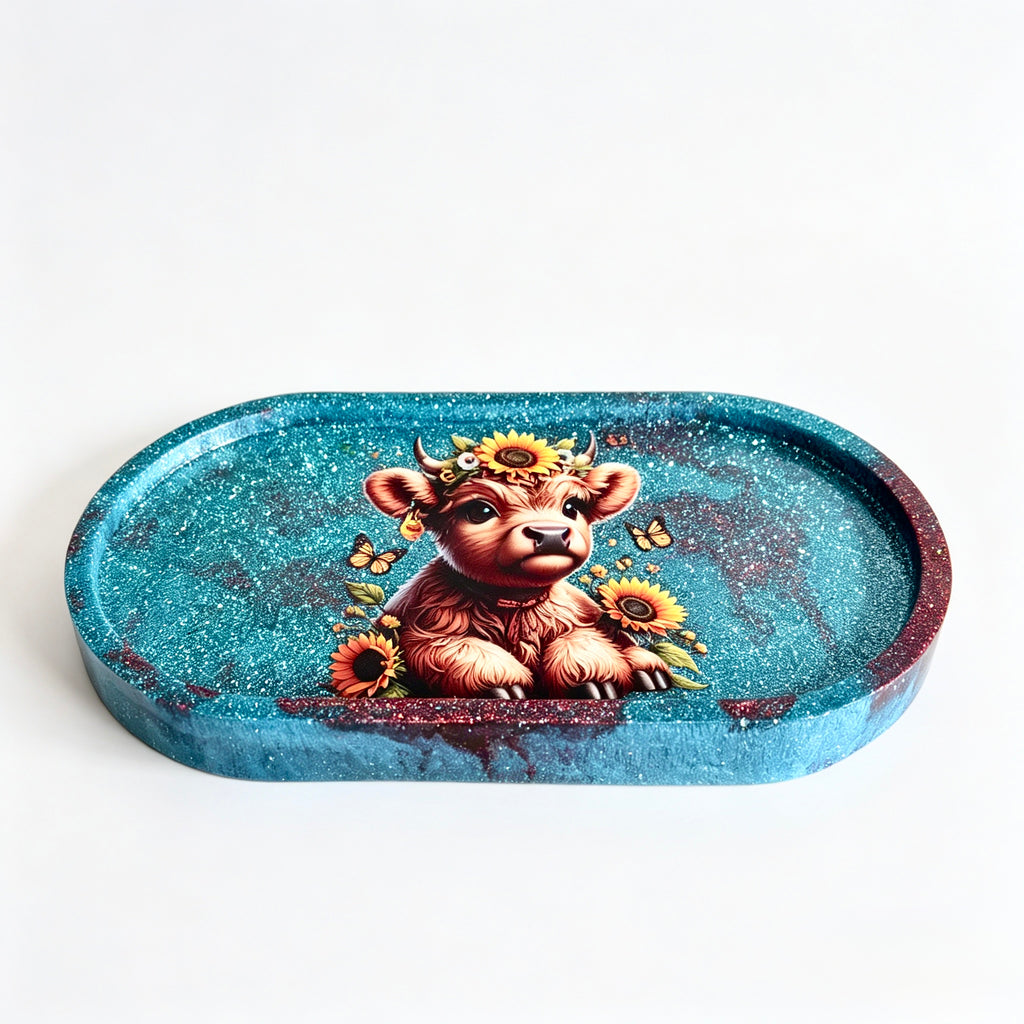 Teal & Magenta Highland Cow Tray – Handmade Luxury