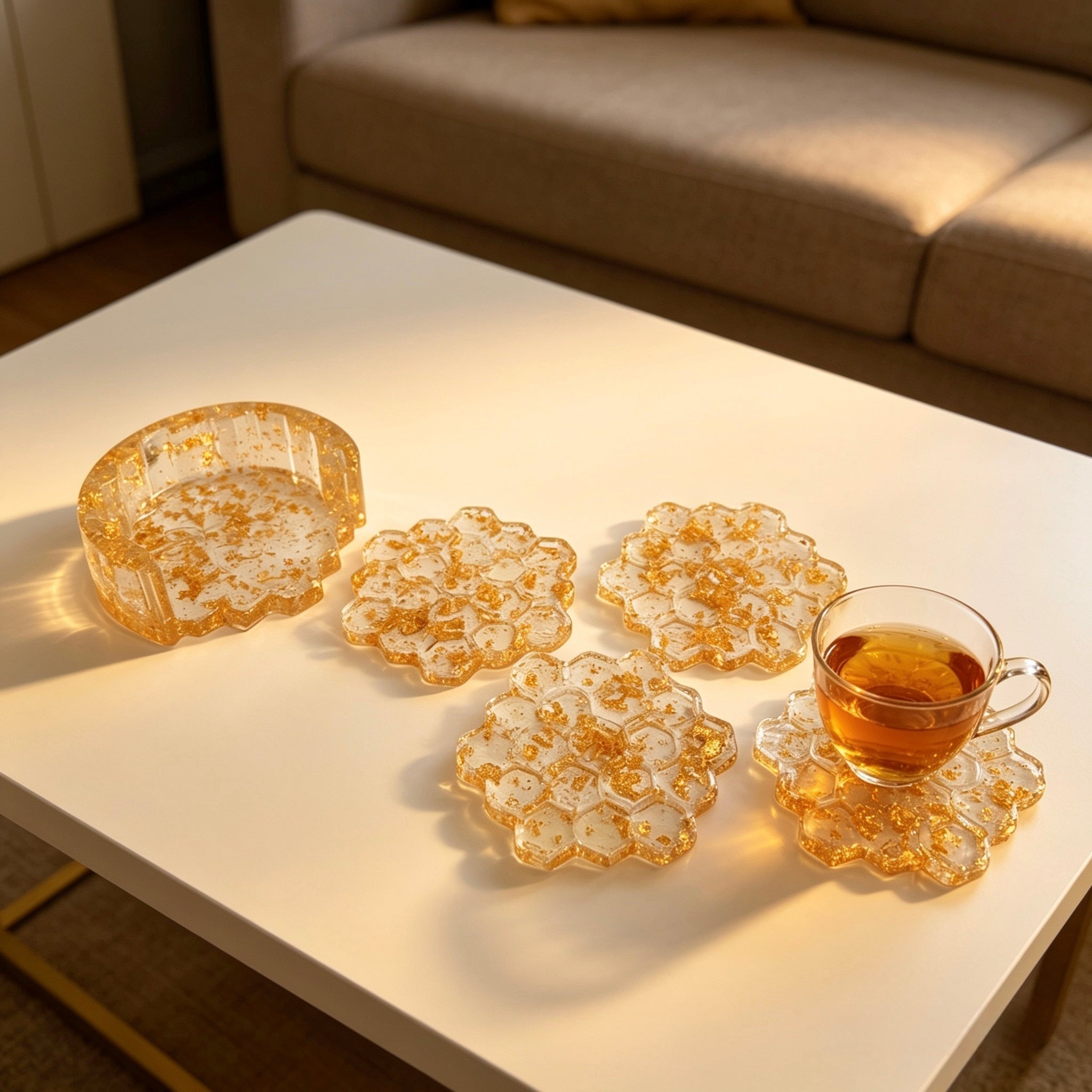 Honeycomb Resin Coaster Set with Holder