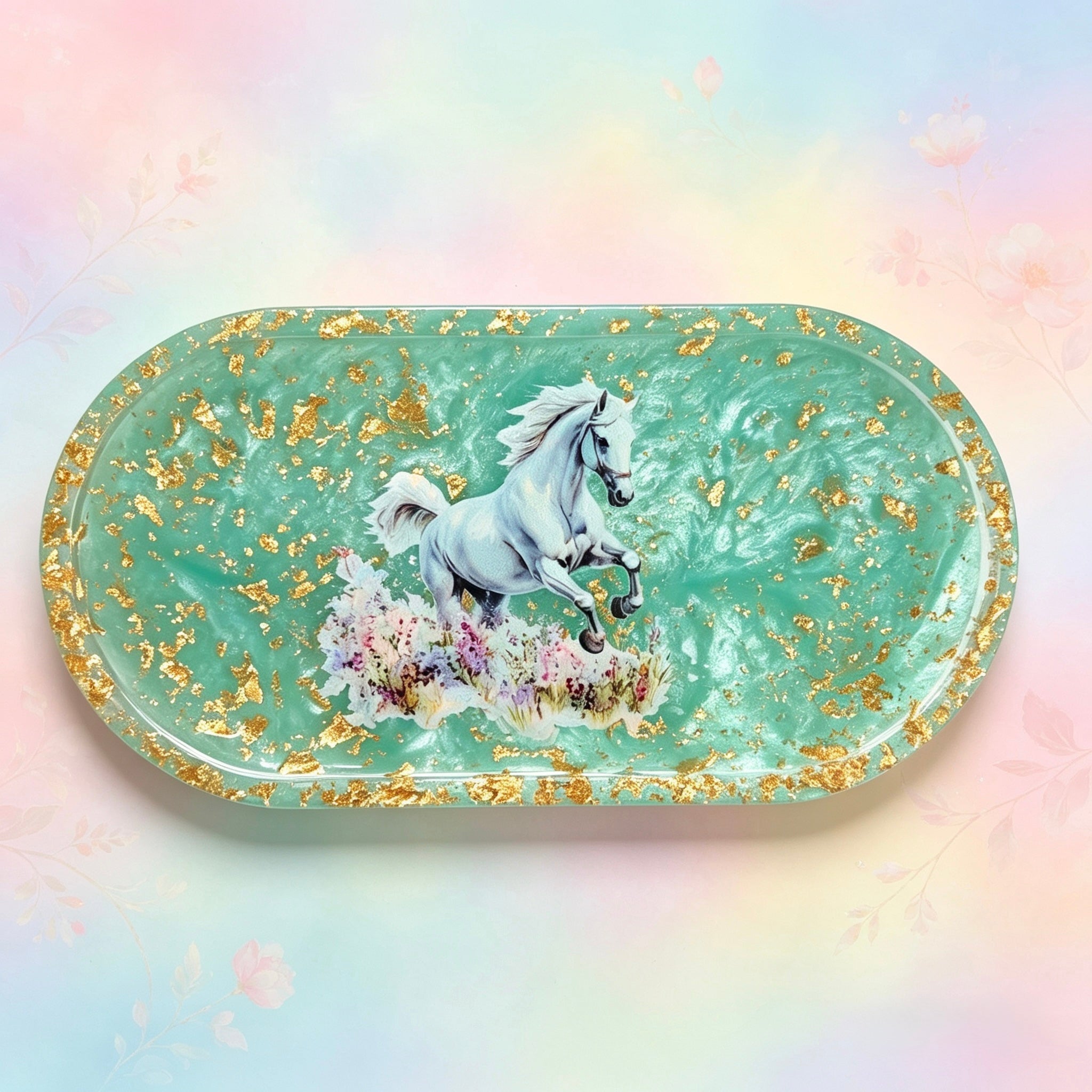 Teal & Gold White Horse Tray – Handmade Luxury