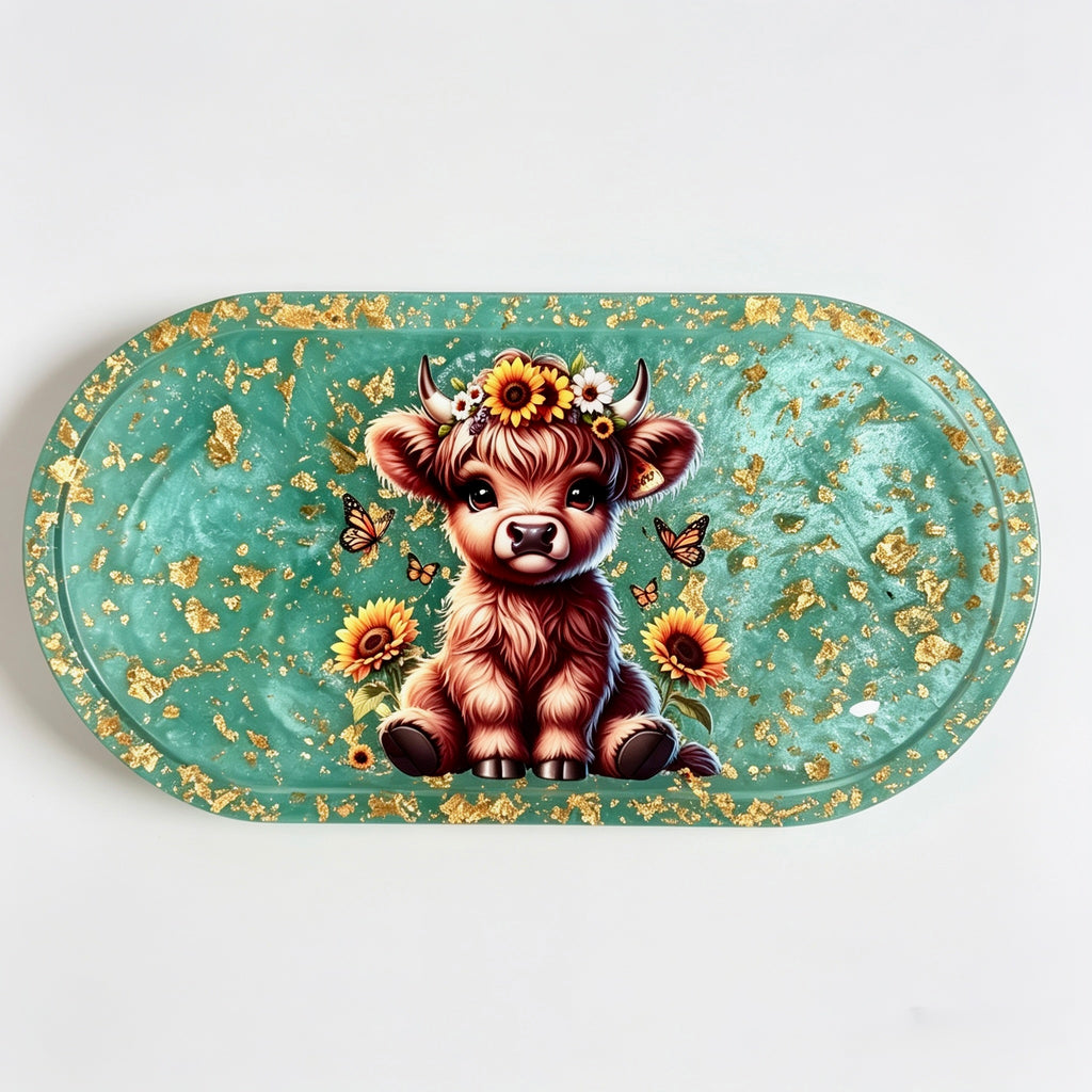 Teal & Gold Highland Cow Tray – Handmade Luxury