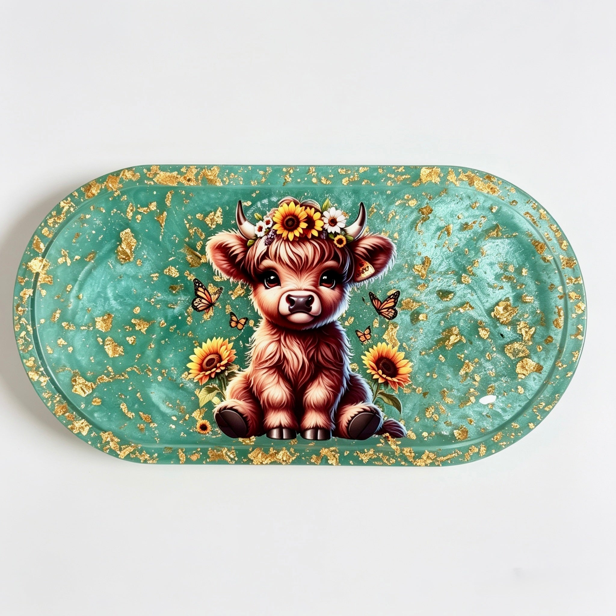 Teal & Gold Highland Cow Tray – Handmade Luxury
