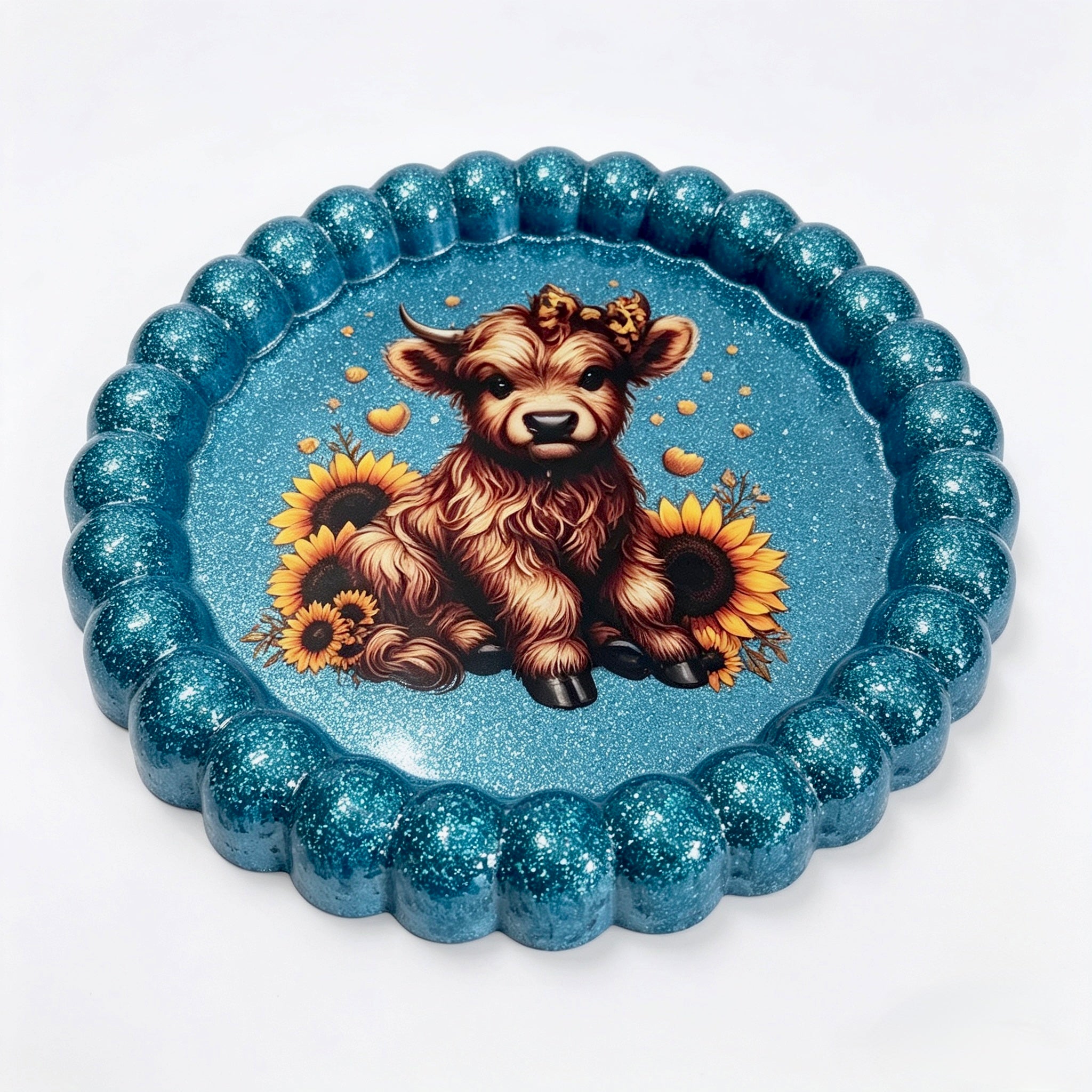 Blue Glitter round Bubble Edge Highland Cow Tray – Handmade Luxury