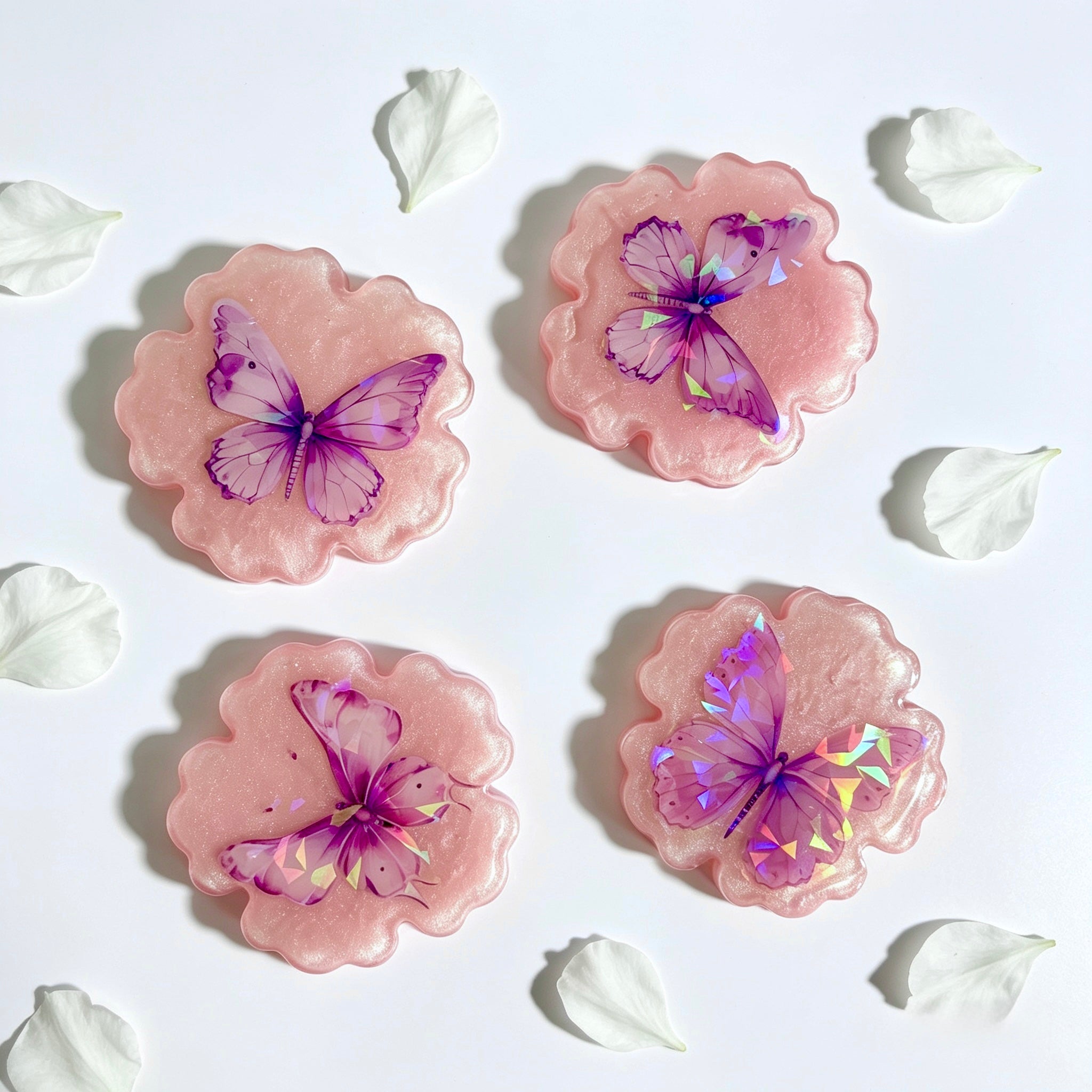 Pink Butterfly Flower Resin Coaster Set