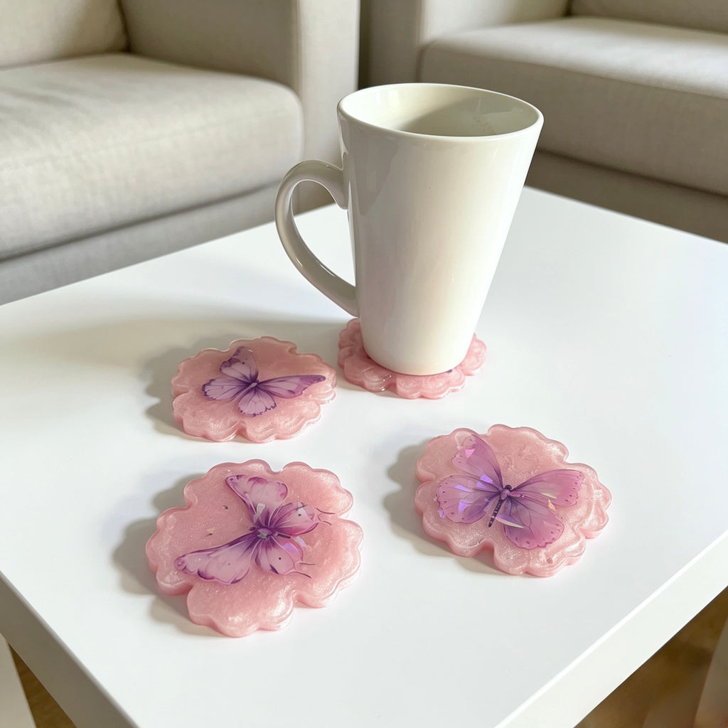 Pink Butterfly Flower Resin Coaster Set