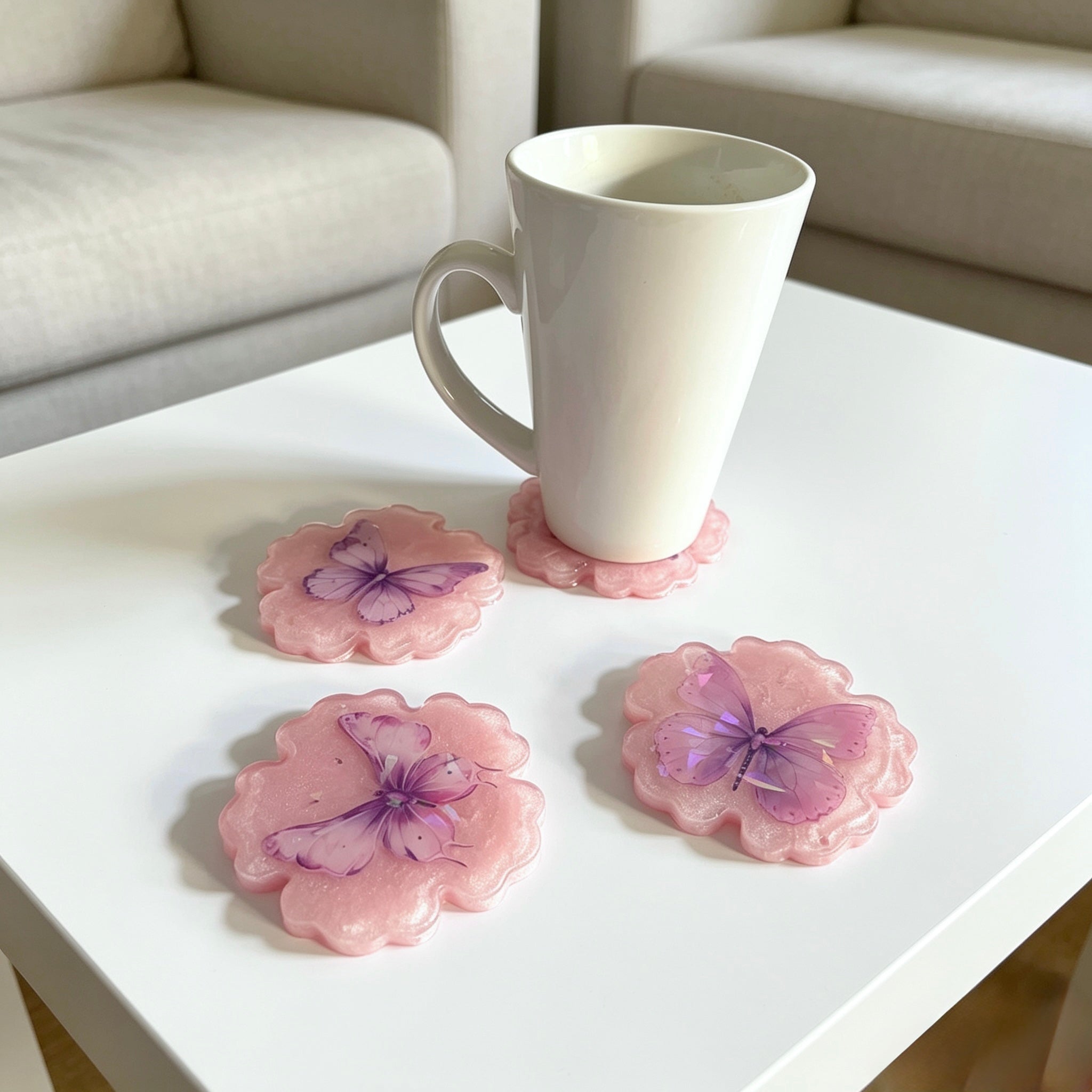 Pink Butterfly Flower Resin Coaster Set