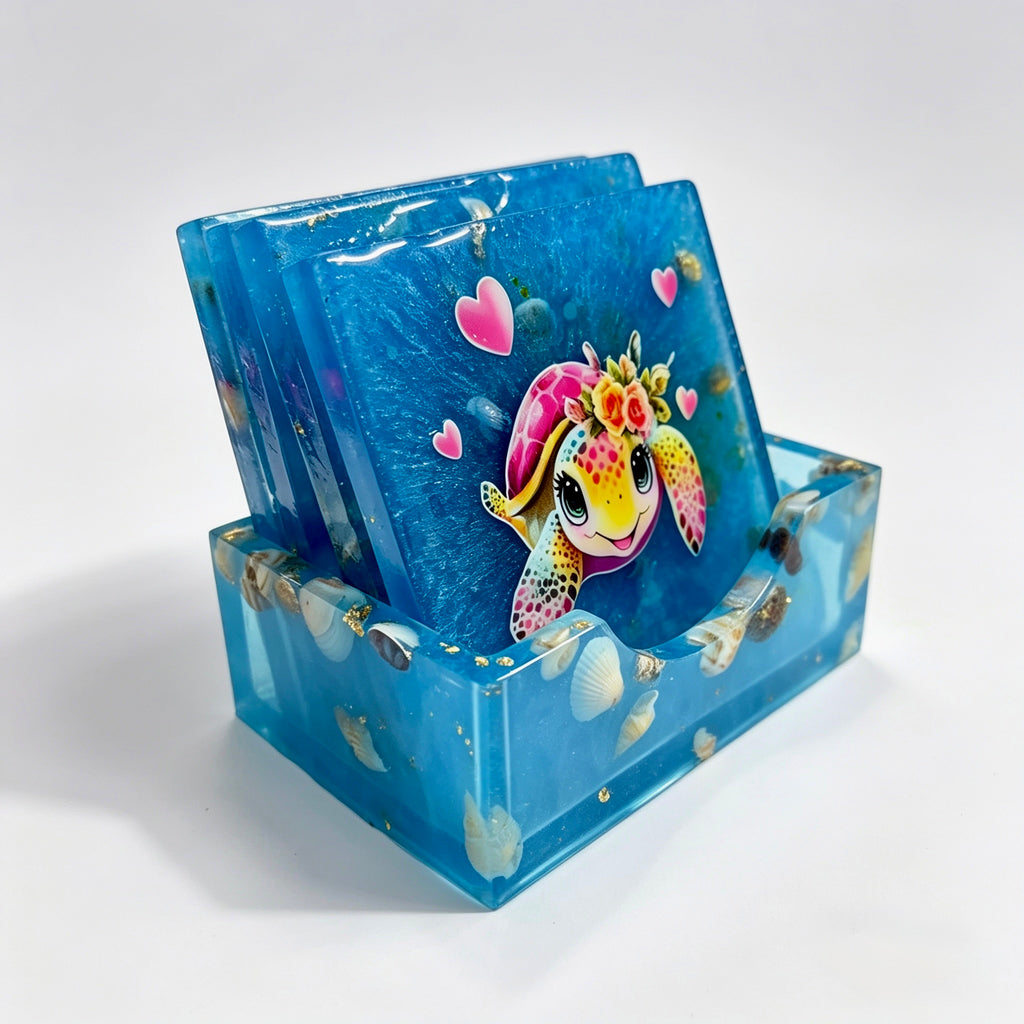 Turtle Sea Life Square Coaster & Holder Set – Handmade Resin with Real Seashells