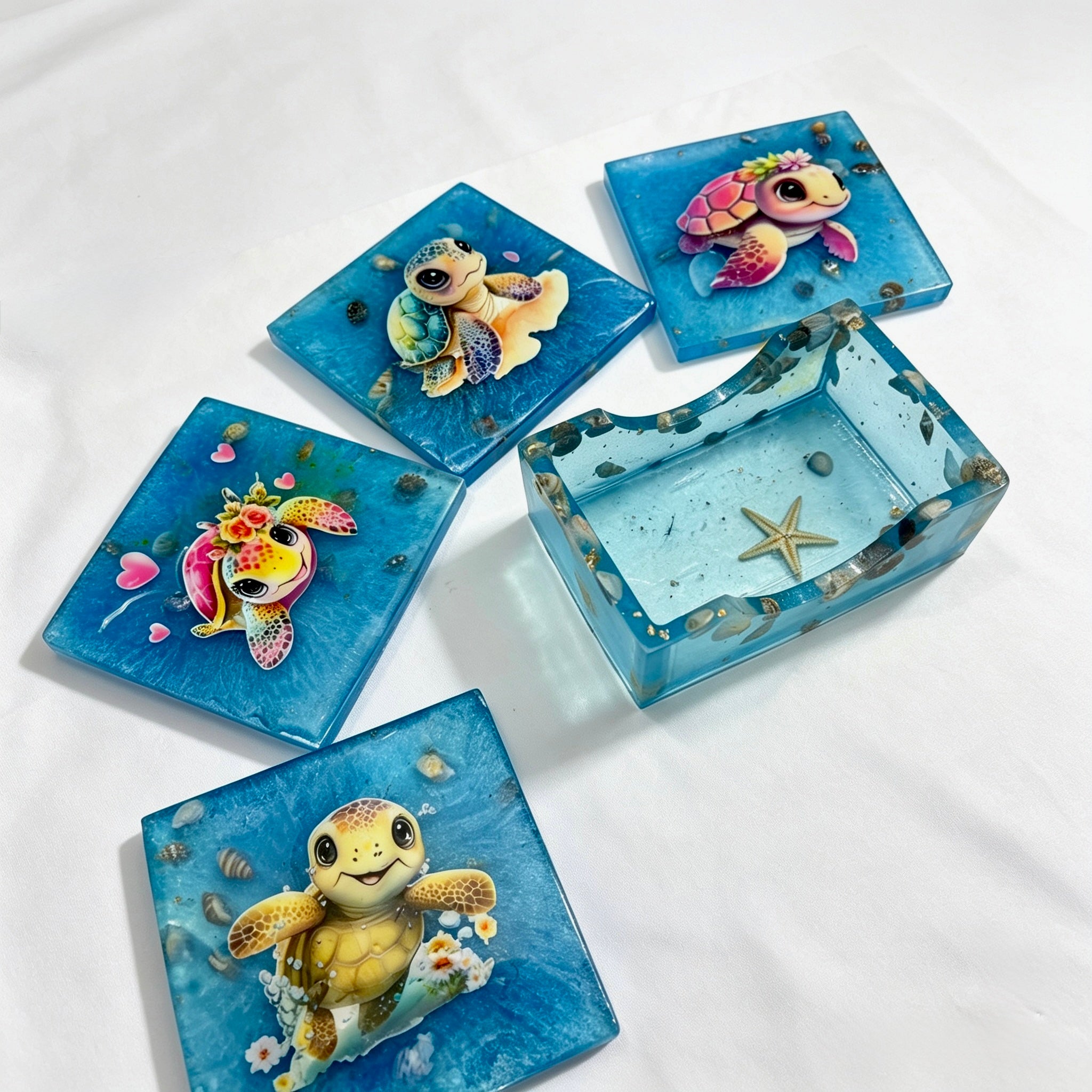 Turtle Sea Life Square Coaster & Holder Set – Handmade Resin with Real Seashells